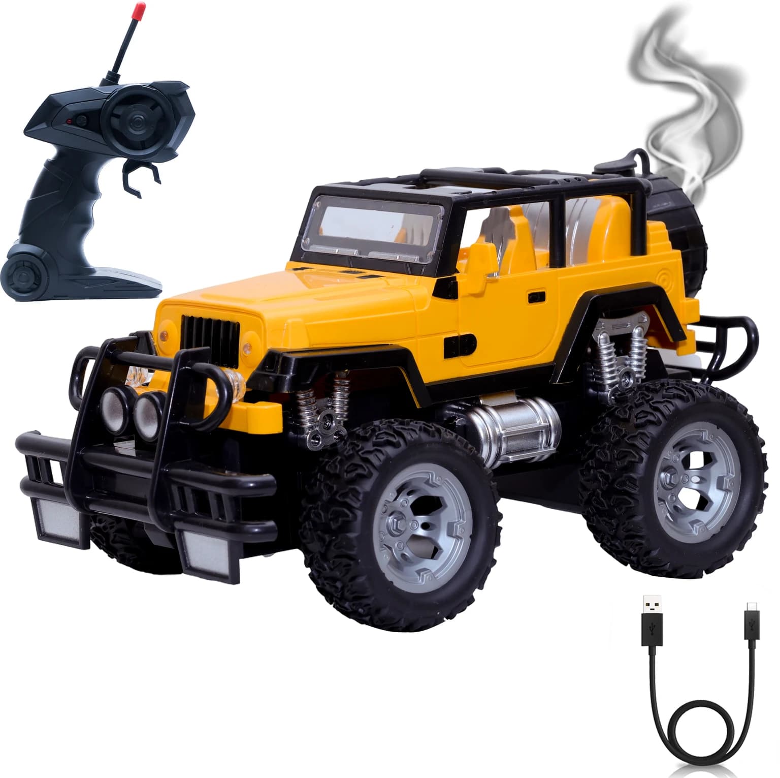 Wonder Yaaran Di Gaddi Type-C Off-Road RC Jeep Truck | Smoke, Music & 4x4 Toy Car (Yellow)